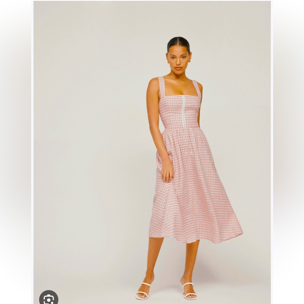 Reformation Tagliatelle Linen Dress in Blush Check Pink White Midi.